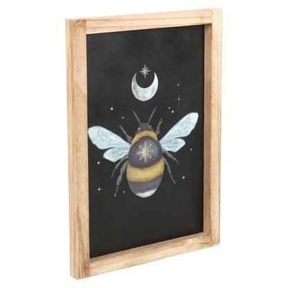 Framed Forest Bee print with crescent moon and stars, elegantly set in a wooden frame.