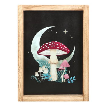 Framed Forest Mushroom print featuring a crescent moon and stars, set in a wooden frame.