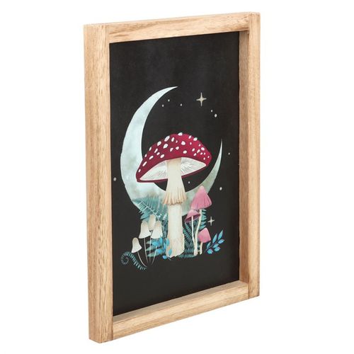 Framed Forest Mushroom print featuring a crescent moon and stars, set in a wooden frame.