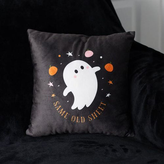 Square ghost cushion with Same Old Sheet phrase for Halloween décor