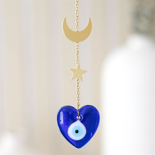 Glass hanging decoration with crescent moon star and all seeing eye hearts
