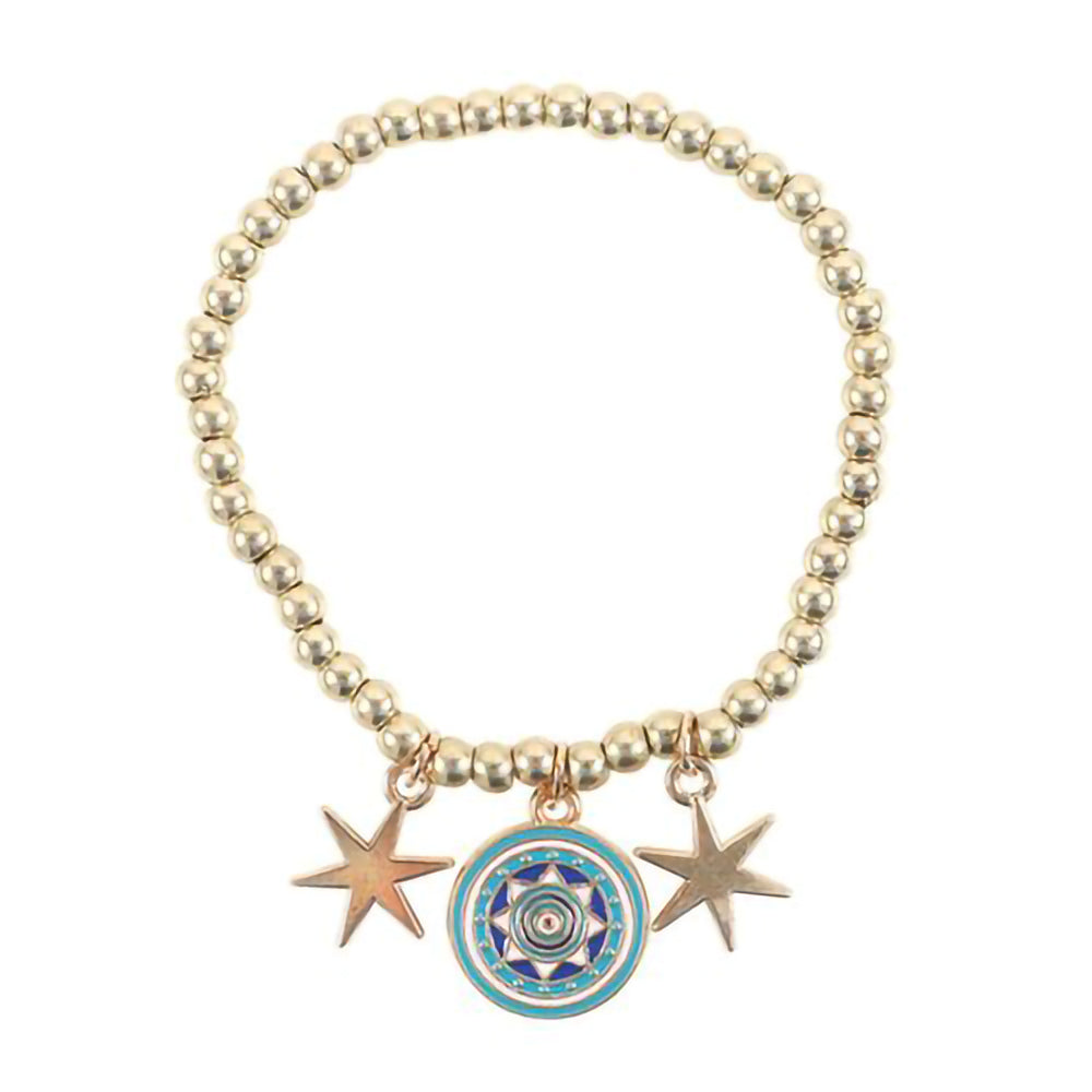 Mystical charm bracelet with gold beads and protective symbols