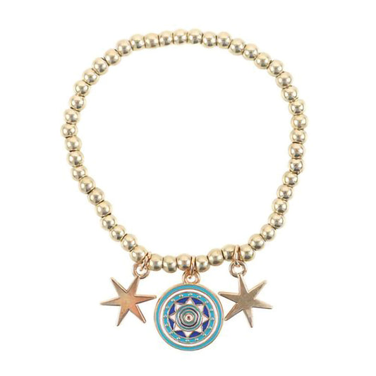 Mystical charm bracelet with gold beads and protective symbols