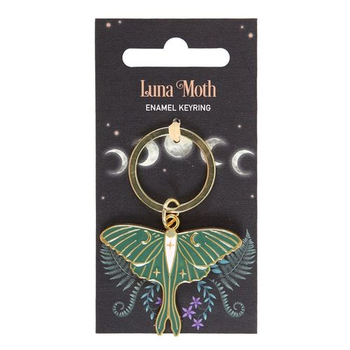 Gold-tone enamel Luna Moth keyring on decorative backing card