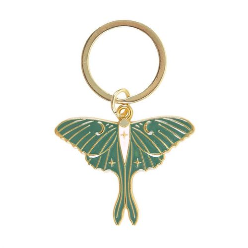 Gold-tone enamel Luna Moth keyring on decorative backing card