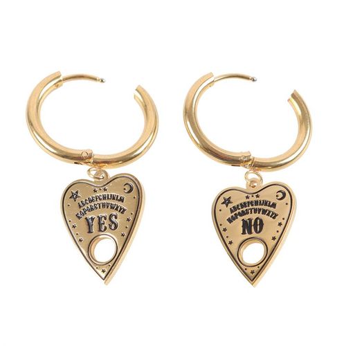 Gold-tone stainless steel talking board planchette earrings on small gold hoops, presented on a matching backing card.