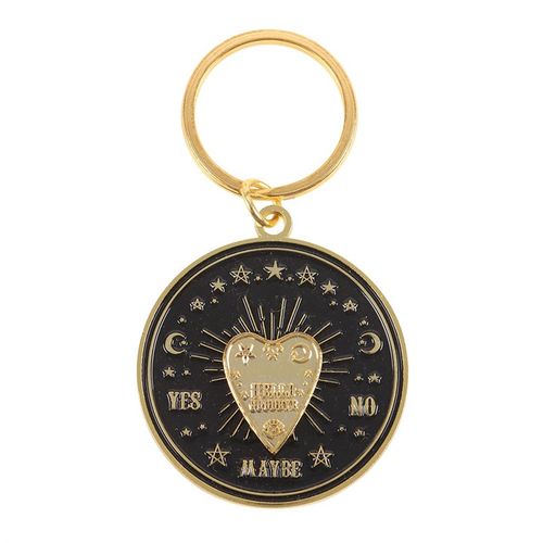 Gold-tone metal talking board planchette keyring that spins, presented in a matching box.