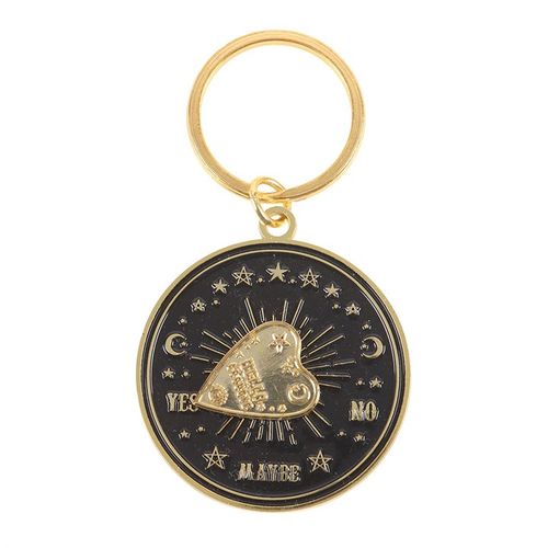 Gold-tone metal talking board planchette keyring that spins, presented in a matching box.