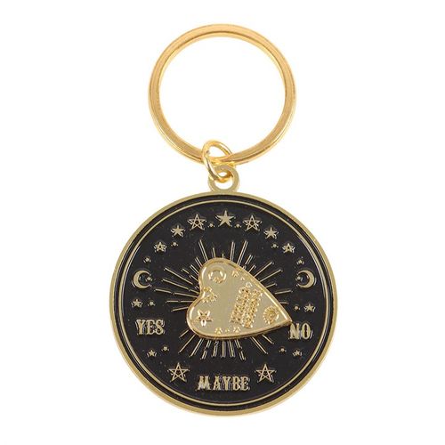 Gold-tone metal talking board planchette keyring that spins, presented in a matching box.