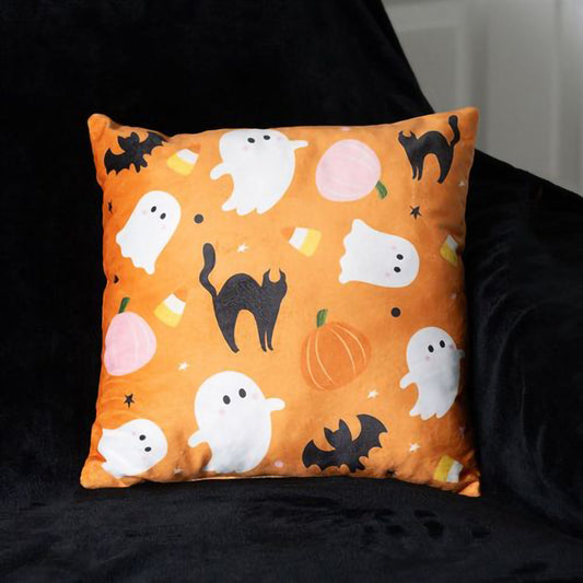 Square Halloween cushion with ghosts pumpkins and bats print