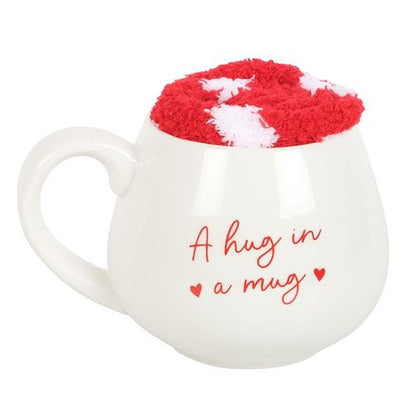 Hug in a Mug gift set with heart-patterned socks and 500ml mug