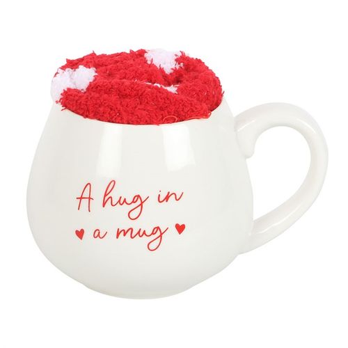 Hug in a Mug gift set with heart-patterned socks and 500ml mug