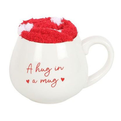 Hug in a Mug gift set with heart-patterned socks and 500ml mug