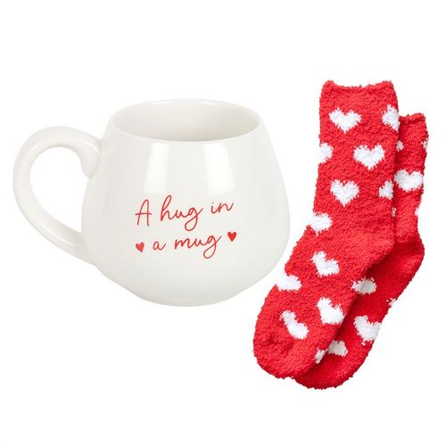 Hug in a Mug gift set with heart-patterned socks and 500ml mug