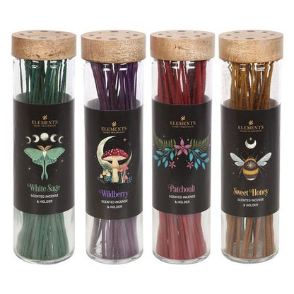 Display set of 20 incense tubes featuring dark forest designs, with Wildberry, White Sage, Sweet Honey, and Patchouli fragrances.