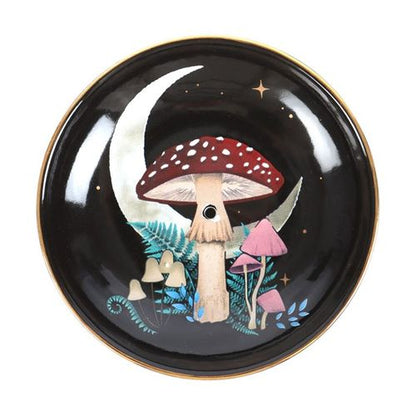 Incense plate featuring a crescent moon, toadstool, and colourful flora, designed for incense sticks and cones.