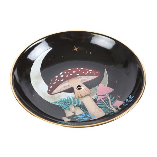 Incense plate featuring a crescent moon, toadstool, and colourful flora, designed for incense sticks and cones.