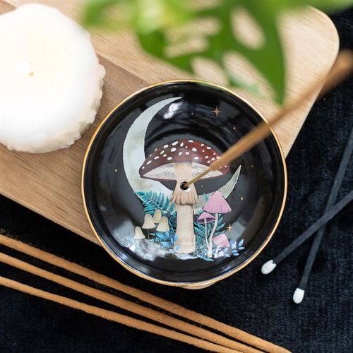 Incense plate featuring a crescent moon, toadstool, and colourful flora, designed for incense sticks and cones.