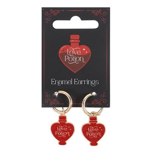 Gold-tone earrings with enamel love potion charms, a playful and romantic accessory.