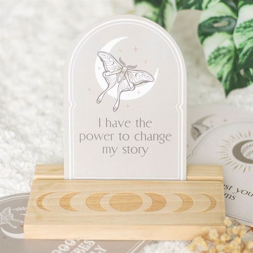 Set of 10 Luna Moth affirmation cards with crescent moon designs and wooden stand