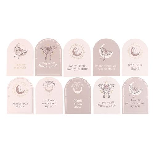 Set of 10 Luna Moth affirmation cards with crescent moon designs and wooden stand