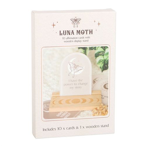 Set of 10 Luna Moth affirmation cards with crescent moon designs and wooden stand