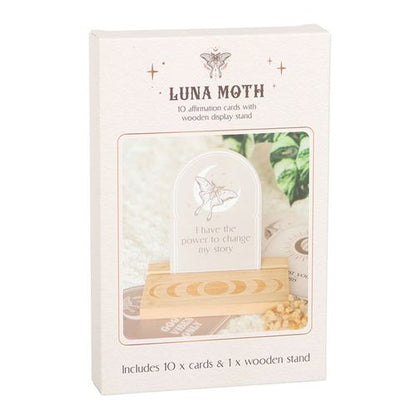 Set of 10 Luna Moth affirmation cards with crescent moon designs and wooden stand