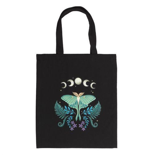 Black cotton tote bag with mystical Luna Moth design, eco-friendly and durable