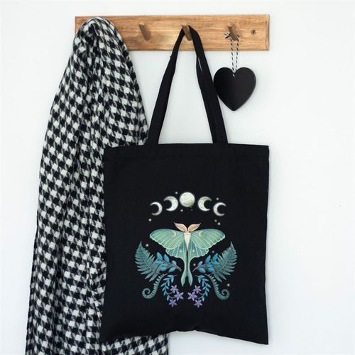 Black cotton tote bag with mystical Luna Moth design, eco-friendly and durable