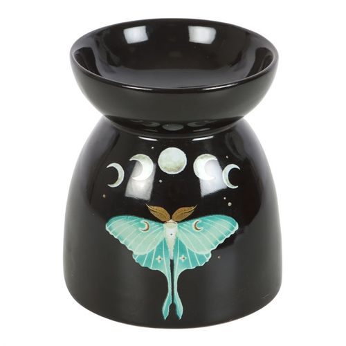 Black Luna Moth oil burner with silver moon phase design for home fragrance