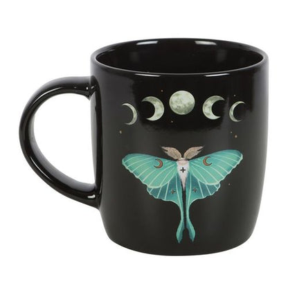 Luna Moth ceramic mug with moon phases, stars, and floral details – 340ml