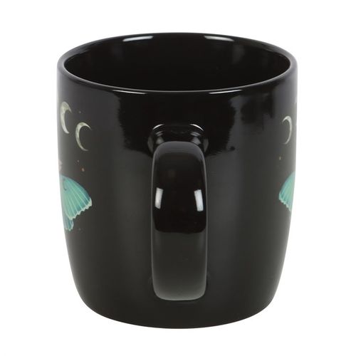 Luna Moth ceramic mug with moon phases, stars, and floral details – 340ml