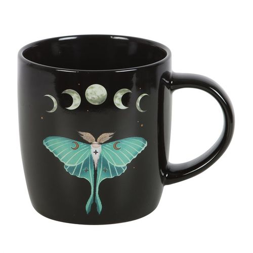 Luna Moth ceramic mug with moon phases, stars, and floral details – 340ml