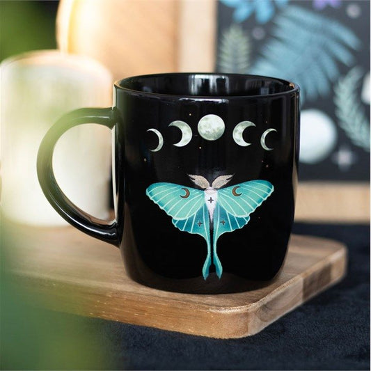 Luna Moth ceramic mug with moon phases, stars, and floral details – 340ml