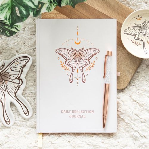 Daily reflection journal with Luna Moth design and clear quartz pen