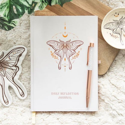 Daily reflection journal with Luna Moth design and clear quartz pen