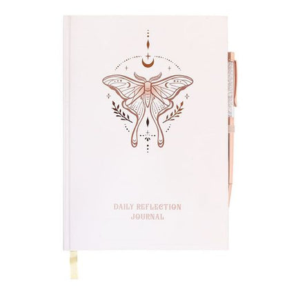 Daily reflection journal with Luna Moth design and clear quartz pen