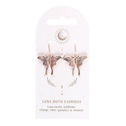 Dangling stainless steel Luna Moth earrings on decorative backing card