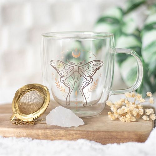 Glass mug with double-walled design, Luna Moth and clear quartz crystal tea infuser