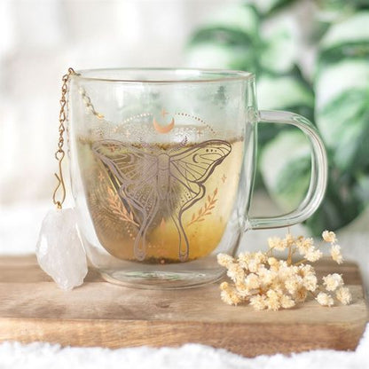 Glass mug with double-walled design, Luna Moth and clear quartz crystal tea infuser