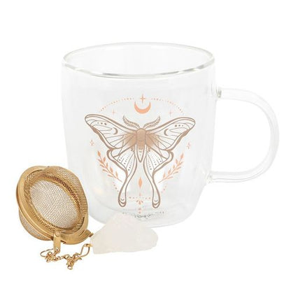 Glass mug with double-walled design, Luna Moth and clear quartz crystal tea infuser