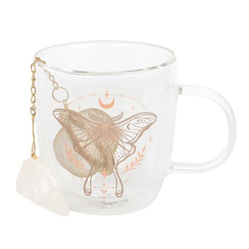 Glass mug with double-walled design, Luna Moth and clear quartz crystal tea infuser