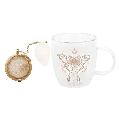 Glass mug with double-walled design, Luna Moth and clear quartz crystal tea infuser