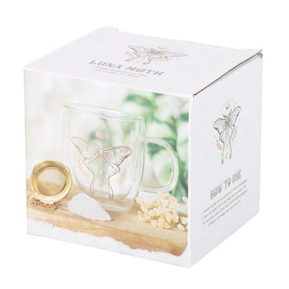 Glass mug with double-walled design, Luna Moth and clear quartz crystal tea infuser