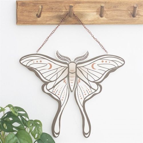 Luna Moth-shaped hanging sign with intricate wing design