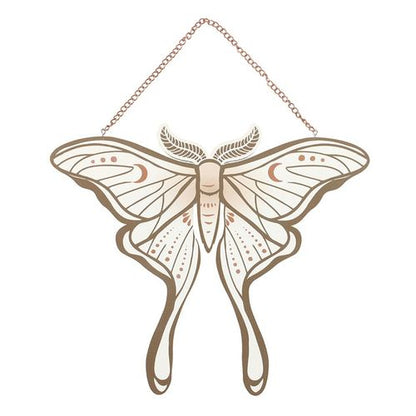 Luna Moth-shaped hanging sign with intricate wing design