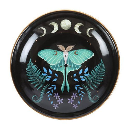 Luna Moth incense plate with moon phases design for sticks and cones