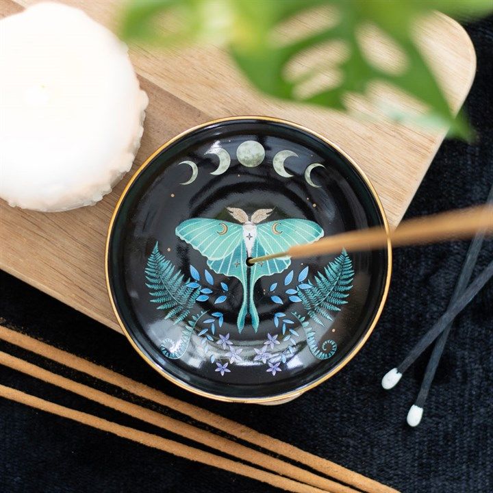 Luna Moth incense plate with moon phases design for sticks and cones