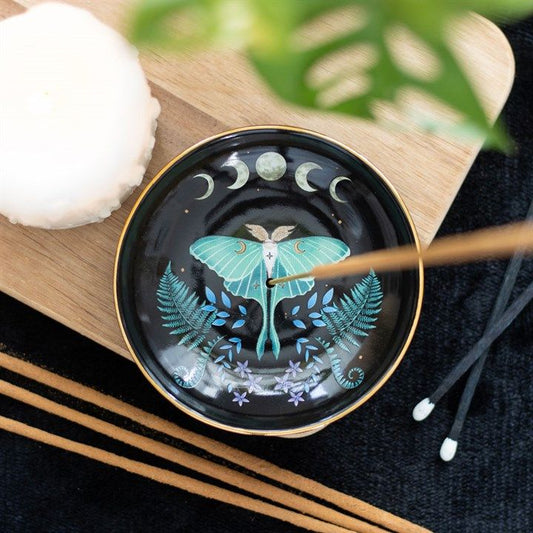 Luna Moth incense plate with moon phases design for sticks and cones