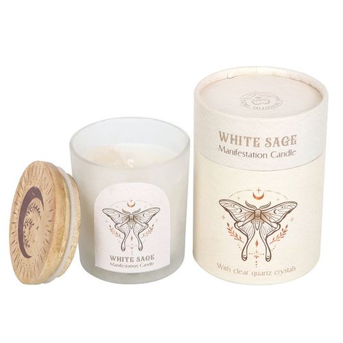 Luna Moth manifestation candle with white sage scent, clear quartz crystals, and frosted glass design